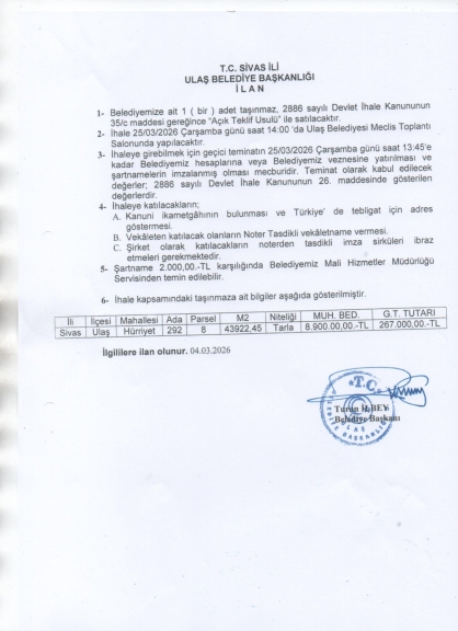 Belediyemize ait 1 adet taşınmaz tarla satışı